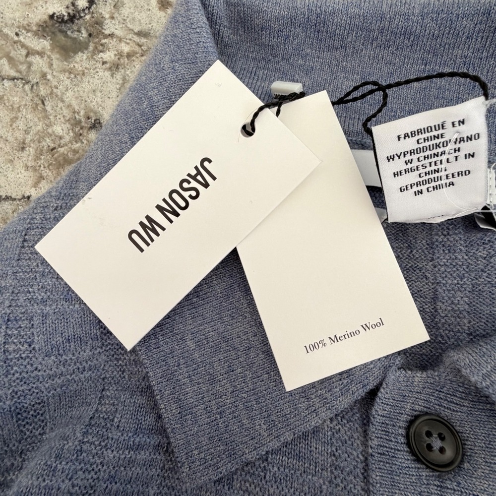 Jason Wu Men's Knit Button Down Shirt Short Sleeve 100% Merino Wool Blue L NWT - Picture 10 of 13